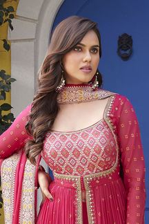 Picture of Flawless Hot Pink Georgette Designer Palazzo Suit for Wedding, Reception, and Sangeet