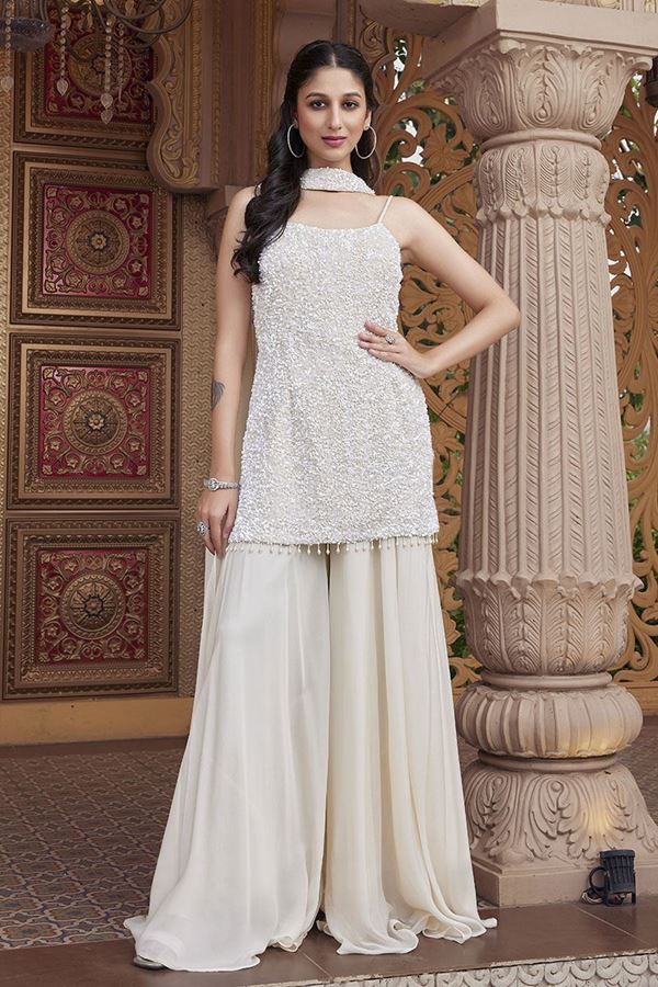 Picture of Smashing White Georgette Designer Palazzo Suit for Party, Engagement, Reception, and Sangeet