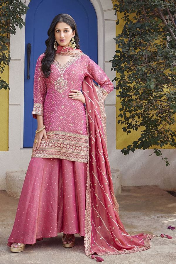 Picture of Spectacular Pink Silk Designer Palazzo Suit for Wedding, Engagement, Reception, and Sangeet