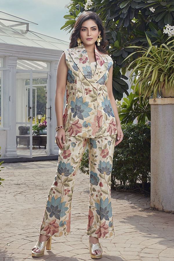 Picture of Outstanding Cream Silk Designer Co-Ord Set for Party