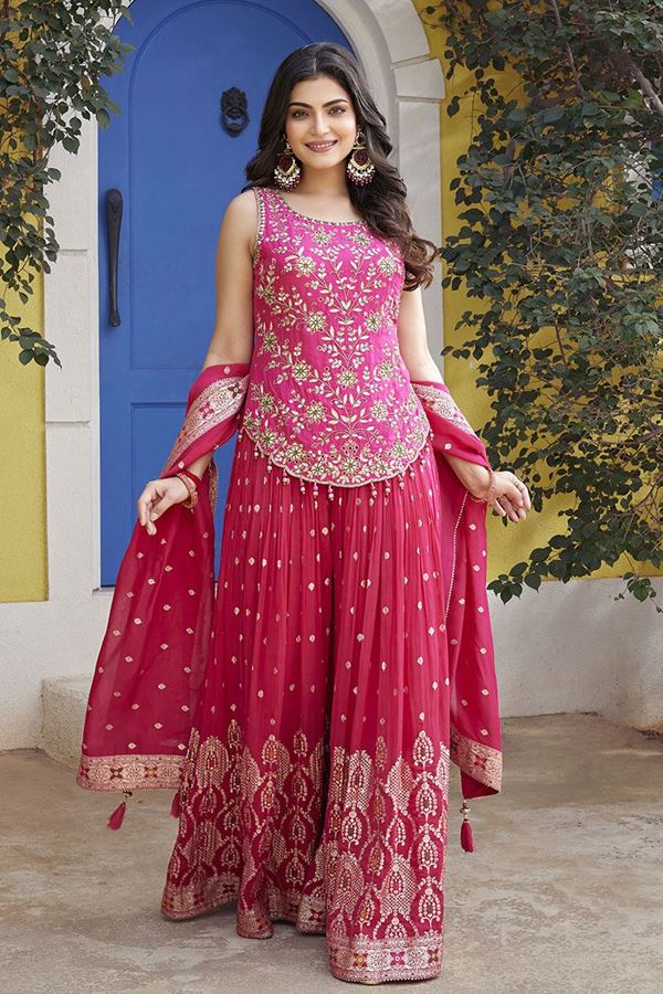 Picture of Creative Magenta Georgette Designer Palazzo Suit for Party, Sangeet, Reception, and Festivals