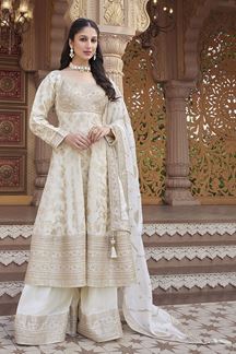 Picture of Dazzling Off-White Silk Designer Palazzo Suit for Party, Sangeet, and Festivals