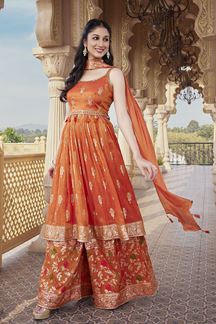 Picture of Flamboyant Orange Silk Designer Palazzo Suit for Reception, Party, Sangeet, and Festivals