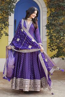 Picture of Amazing Violet Silk Designer Anarkali Suit for Party, Festivals, Reception, and Sangeet