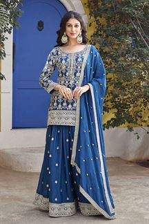 Picture of  Ethnic Blue Georgette Designer Palazzo Suit for Wedding and Reception