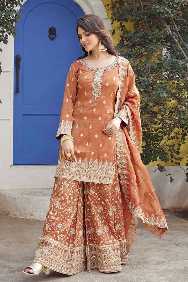 Picture of  Aesthetic Rust Chinnon Designer Palazzo Suit for Wedding and Reception