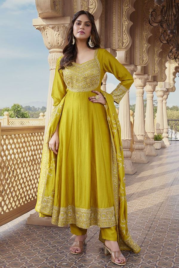 Picture of  Flawless Yellow Silk Designer Anarkali Suit for Party, Haldi, and Wedding