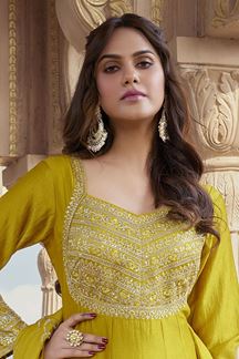 Picture of  Flawless Yellow Silk Designer Anarkali Suit for Party, Haldi, and Wedding