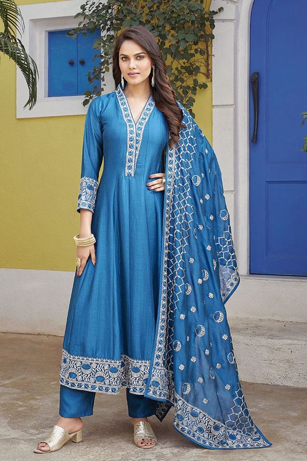 Picture of  Smashing Royal Blue Silk Designer Anarkali Suit for Party and Sangeet