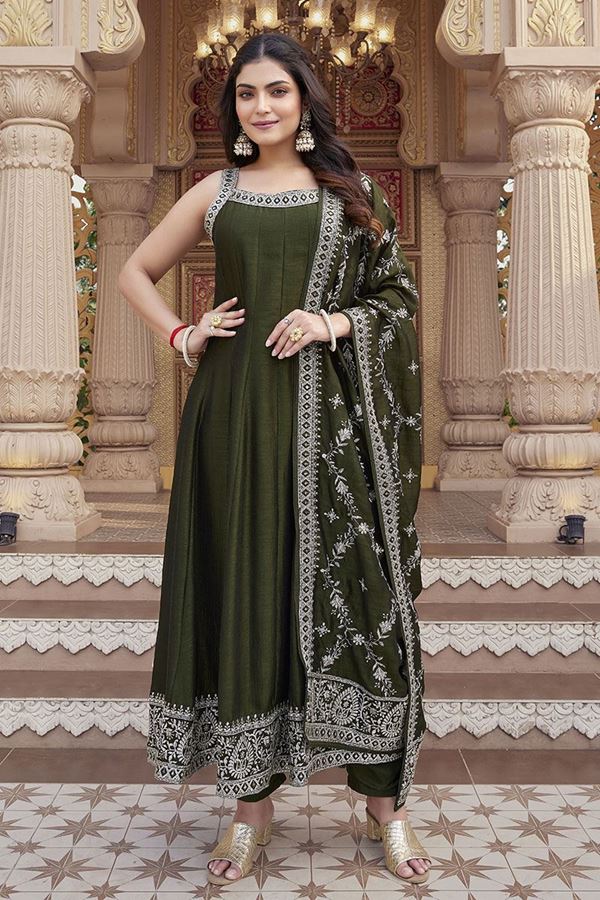 Picture of  Outstanding Bottle Green Silk Designer Anarkali Suit for Mehendi, Engagement, Wedding, and Reception