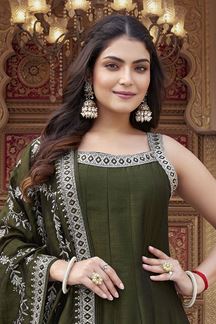 Picture of  Outstanding Bottle Green Silk Designer Anarkali Suit for Mehendi, Engagement, Wedding, and Reception