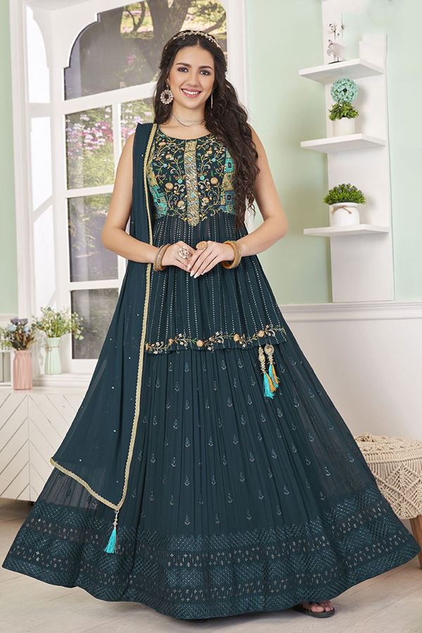 Picture of Alluring Teal Designer Indo-Western Lehenga Choli for Reception, Sangeet, and Party