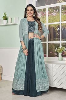 Picture of ExuberantTeal Designer Indo-Western Lehenga Choli for Festivals, Sangeet, and Party