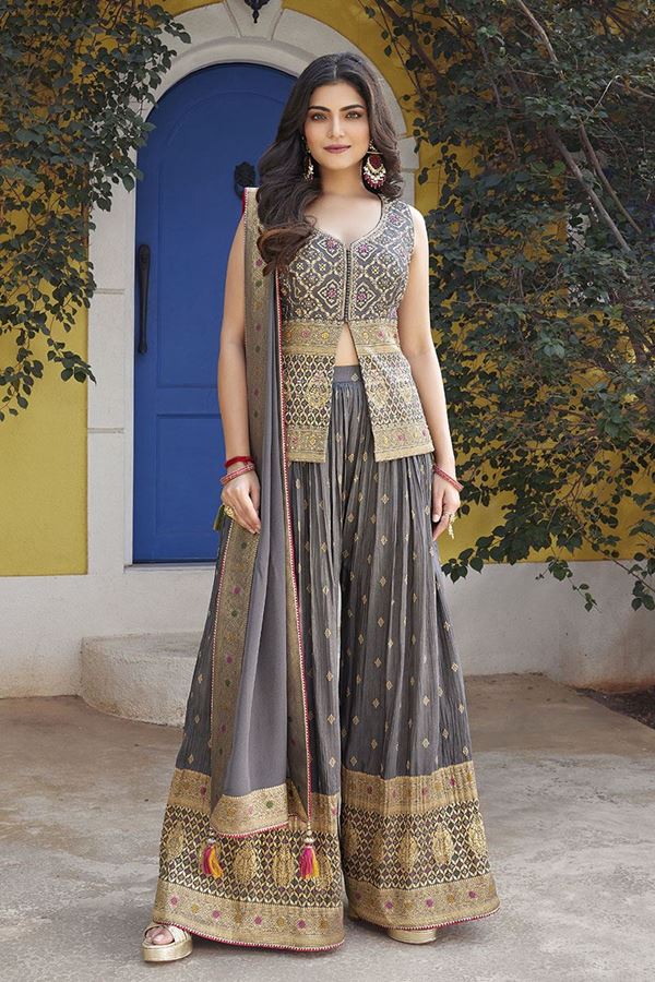 Picture of  Striking Grey Silk Designer Palazzo Suit for Engagement and Reception