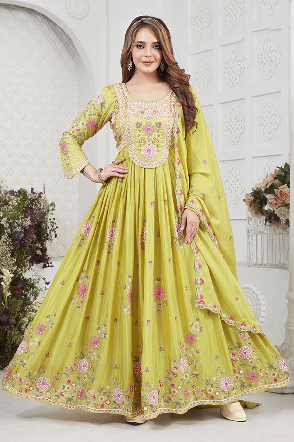 Picture of ImpressiveYellow Dola Silk Designer Anarkali Suit for Haldi, Festivals, and Sangeet