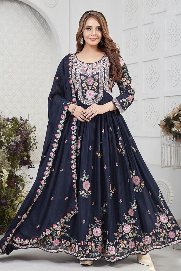 Picture of AstoundingBlue Dola Silk Designer Anarkali Suit for Reception, Festivals, and Sangeet