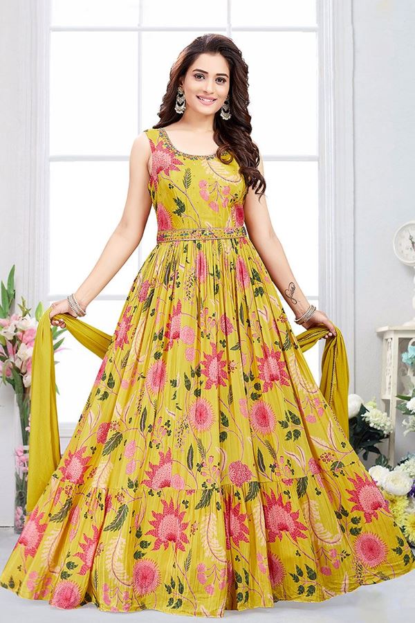 Picture of DazzlingYellow Dola Silk Designer Anarkali Suit for Haldi, Party, and Festivals