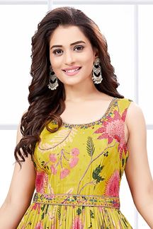 Picture of DazzlingYellow Dola Silk Designer Anarkali Suit for Haldi, Party, and Festivals