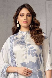 Picture of Alluring Cream and Blue Designer Straight Cut Suit for Party and Festivals