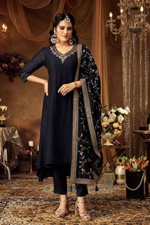 Picture of Divine Navy Blue Dola Silk Designer Anarkali Suit for Engagement, Sangeet, Reception, Party, and Festivals