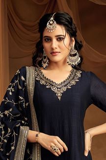 Picture of Divine Navy Blue Dola Silk Designer Anarkali Suit for Engagement, Sangeet, Reception, Party, and Festivals