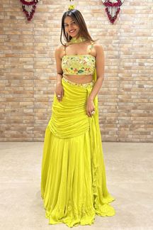 Picture of Captivating Lemon Yellow Designer Indo-Western Lehenga Choli for Haldi, Sangeet, and Party