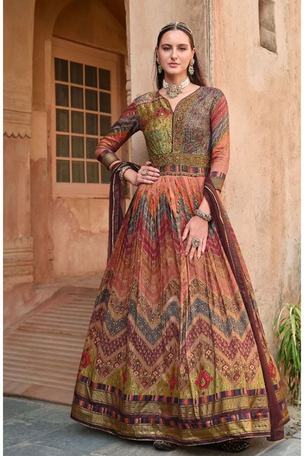 Picture of Charismatic Multi Smooth Silk Designer Anarkali Suit for Party, Sangeet, and Festivals