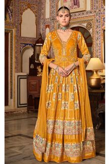 Picture of Flawless Yellow Smooth Silk Designer Anarkali Suit for Party, Haldi, and Festivals