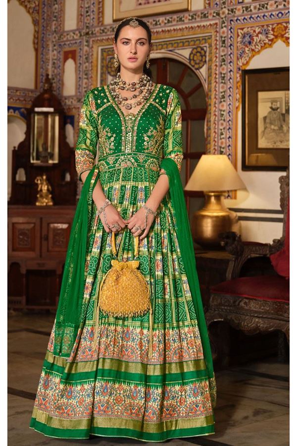 Picture of Smashing Green Smooth Silk Designer Anarkali Suit for Party, Mehendi, and Festivals