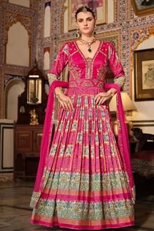 Picture of Spectacular Rani Pink Smooth Silk Designer Anarkali Suit for Party, Sangeet, and Festivals