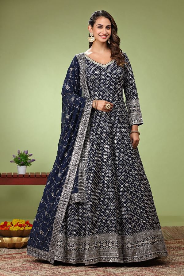 Picture of Enticing Navy Blue Dola Silk Designer Anarkali Suit for Wedding, Engagement, Reception, Party, and Sangeet