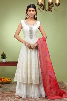 Picture of Gorgeous Off-White Dola Silk Designer Anarkali Suit for Party, Festivals, and Sangeet