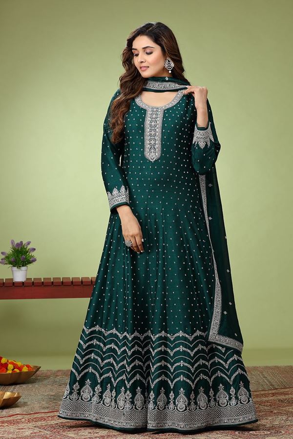 Picture of Pretty Bottle Green Dola Silk Designer Anarkali Suit for Mehendi, Engagement, Reception, Party, and Sangeet