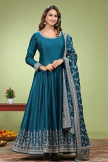 Picture of Divine Blue Dola Silk Designer Anarkali Suit for Engagement, Reception, Party and Sangeet