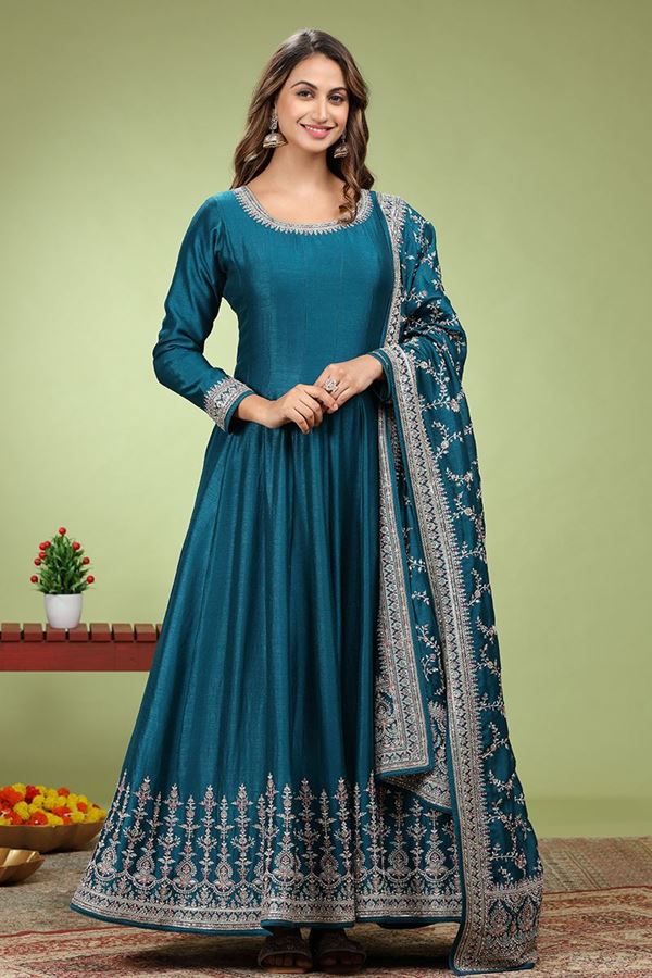 Picture of Divine Blue Dola Silk Designer Anarkali Suit for Engagement, Reception, Party and Sangeet