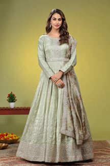 Picture of Impressive Pista Green Dola Silk Designer Anarkali Suit for Engagement and Reception