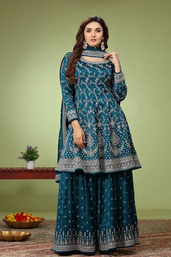 Picture of Splendid Blue Designer Palazzo Suit for Wedding, Reception, and Festivals