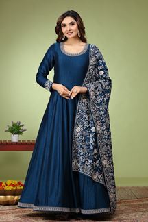 Picture of Irresistible Navy Blue Dola Silk Designer Anarkali Suit for Party and Sangeet