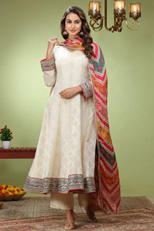 Picture of Enticing Cream Dola Silk Designer Anarkali Suit for Party, Festivals, and Sangeet