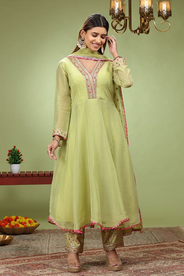 Picture of Marvelous Lime Green Dola Silk Designer Anarkali Suit for Engagement, Festivals, and Sangeet