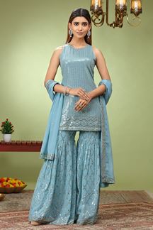 Picture of Alluring Sky Blue Designer Gharara Suit for Engagement, Sangeet, Party, and Festivals